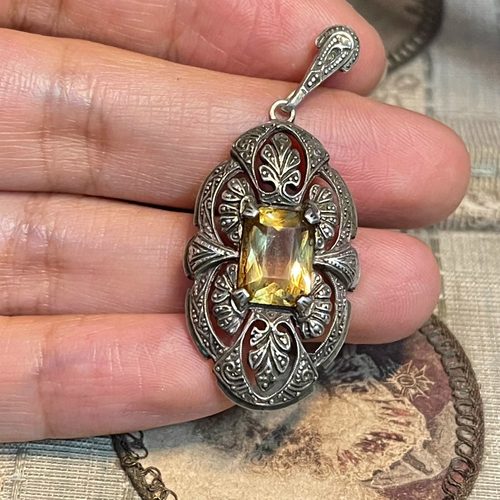 单独银吊坠通体925纯银阿呆时期Art Deco 银吊坠彩宝复古錾刻花纹