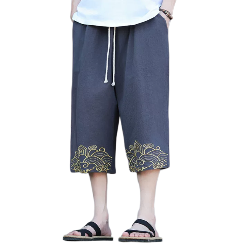七分裤男夏薄大码宽松中国风男装棉麻休闲裤7分裤刺绣古风哈伦裤