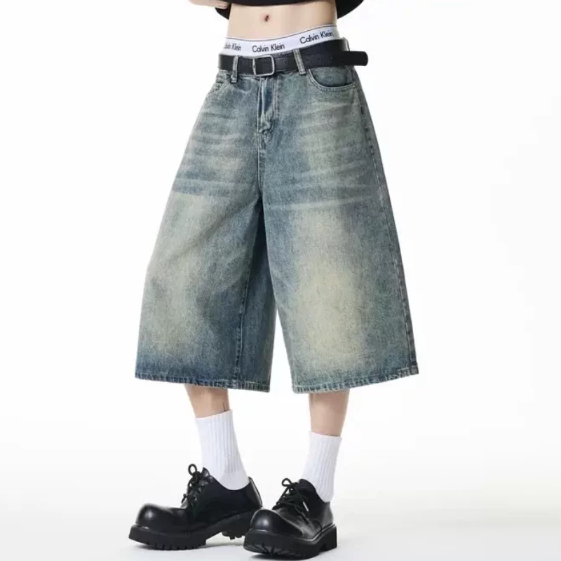 复古牛仔六分裤男夏季欧洲站大码宽松显瘦阔腿裤梨型身材七分中裤
