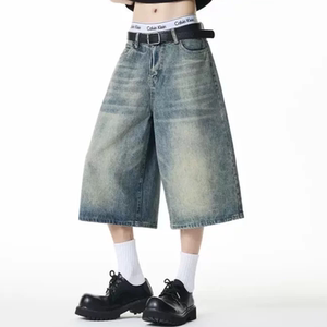 复古牛仔六分裤男夏季欧洲站大码宽松显瘦阔腿裤梨型身材七分中裤