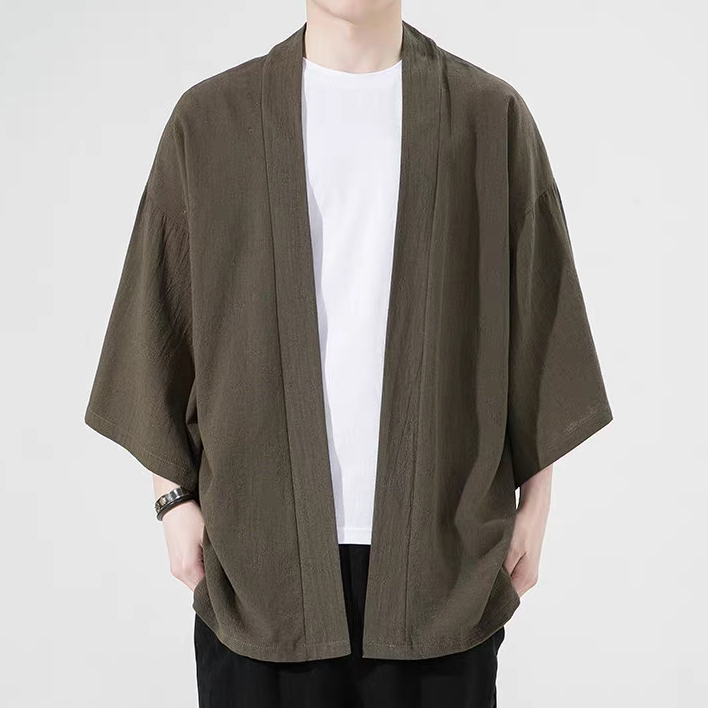 中国风时尚夏薄棉麻披风开衫汉服道袍男和服七分袖宽松防晒服风衣