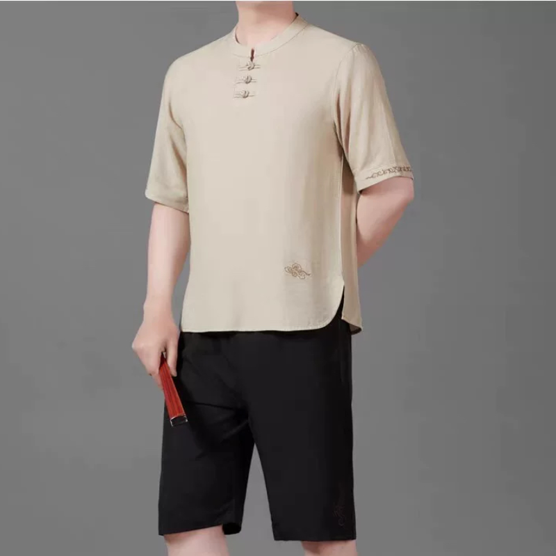 夏季新款棉麻男套装短袖t恤休闲半袖唐装汉服体恤中国风青年服饰