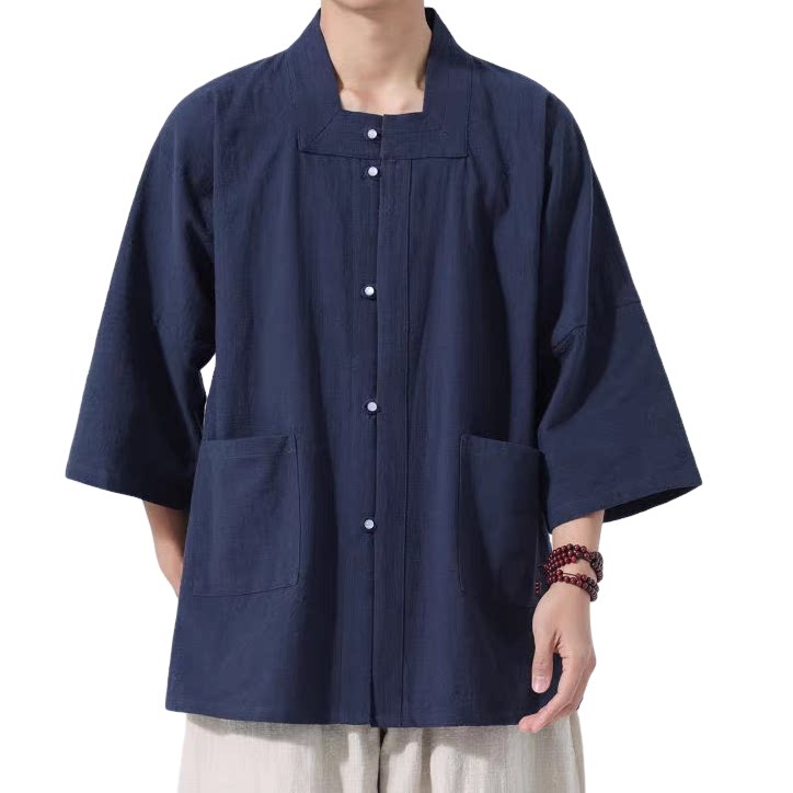 加大码唐装汉服男复古青年中国风亚麻衬衫五短袖棉麻立领中山衬衣