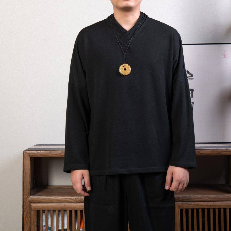 春秋大码中国风长袖T恤男宽松复古中式汉服休闲百搭打底上衣宽松