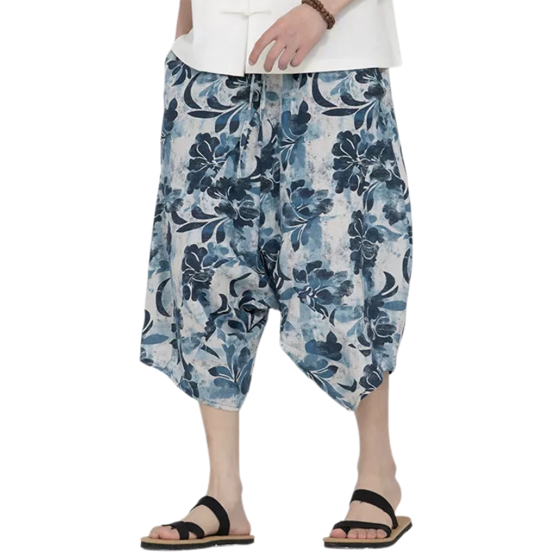 大码禅意灯笼裤子男女夏季民族风印花阔腿七分裤宽松情侣沙滩短裤