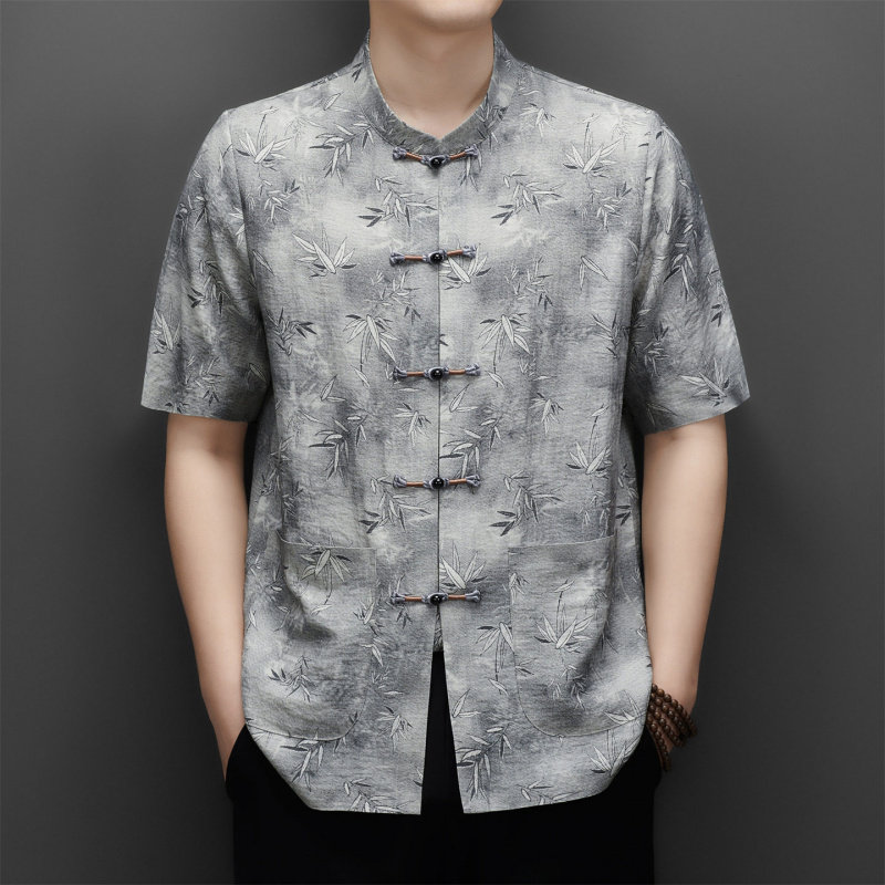 男短袖新中式中老年中国风男唐装汉服夏季棉麻夏装时尚印花汉服