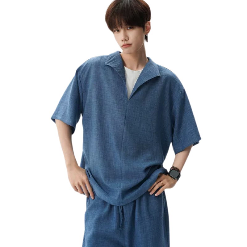 短袖T恤男夏季套假两件休闲宽松酷帅冰丝薄款仿亚麻透气短裤一套