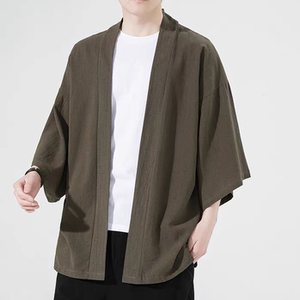 中国风时尚夏薄棉麻披风开衫汉服道袍男和服七分袖宽松防晒服风衣