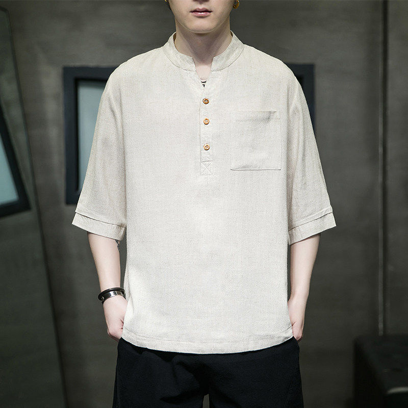 亚麻短袖T恤夏季半袖中国风体恤衫唐装复古棉麻t恤男装上衣服青年