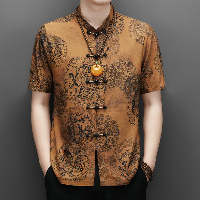 新中式中老年衬衫男夏唐装复古短袖衬衣太极上衣汉服仿真丝香云纱