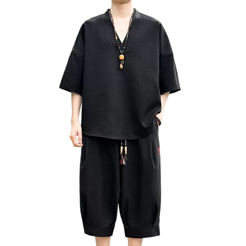 加大码中国风男装夏季亚麻套装汉服复古风古装刺绣青年唐装道袍潮
