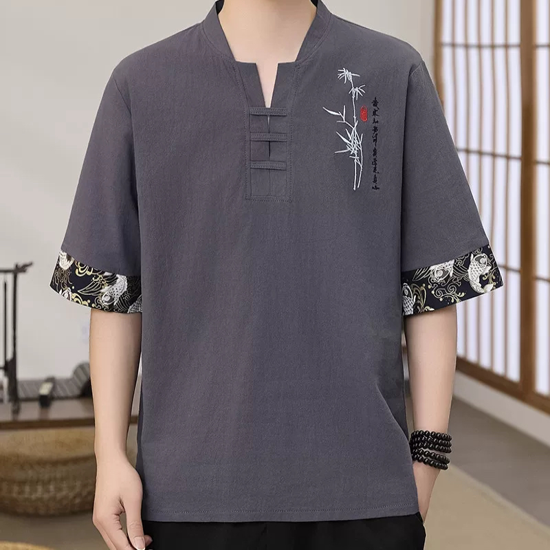 中国风男装t恤夏季新款棉麻短袖大码圆领盘扣五分袖T恤宽松上衣