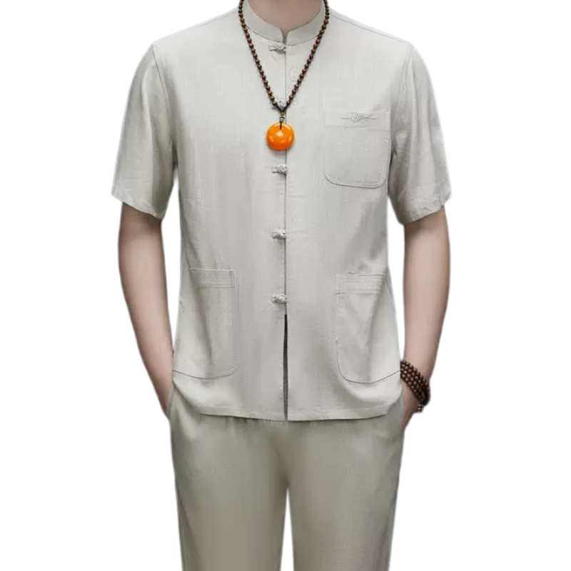 亚麻套装男夏季唐装短袖中老年改良薄款刺绣中国风透气夏天衣服