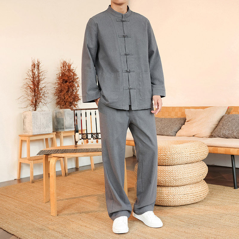 2025新款休闲中国风棉麻套装苎麻长袖盘扣男士纯色套装两件套秋,男装,其他民族服装,淘宝优惠券,粉丝福利购,淘宝优惠卷