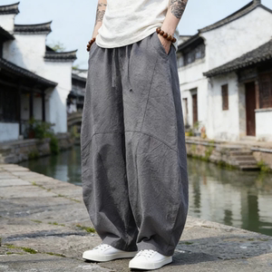 国风纯色棉麻休闲弯刀裤男阔腿裤加肥大码潮牌胖人宽松直筒灯笼裤