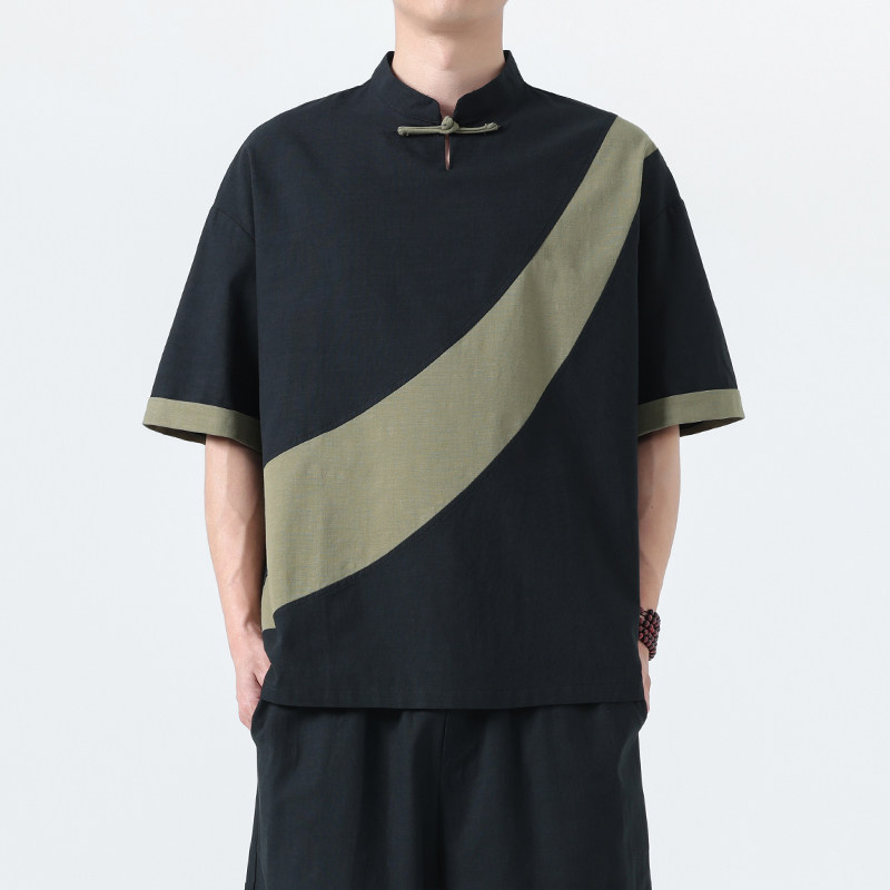 棉麻短袖中式国风唐装男夏大码宽松汉服居士茶禅道练功太极服T恤