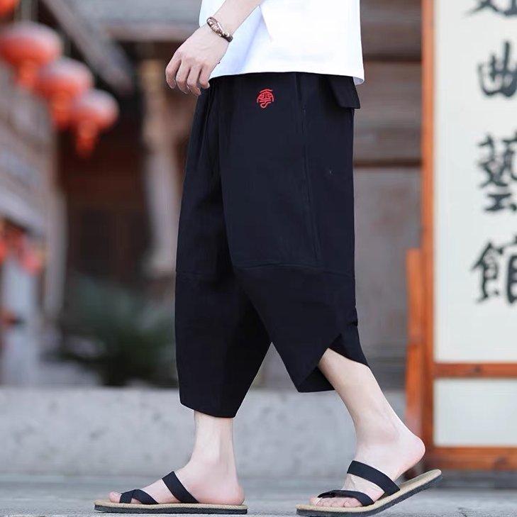 中国风新款中式棉麻七分裤男夏季薄款大哈伦裤宽松新中式男装短裤