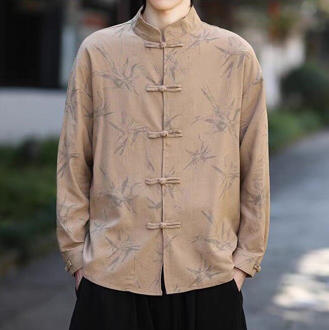 竹子满印新中式衬衫男长袖春夏款大码宽松禅意汉服中国风唐装外套