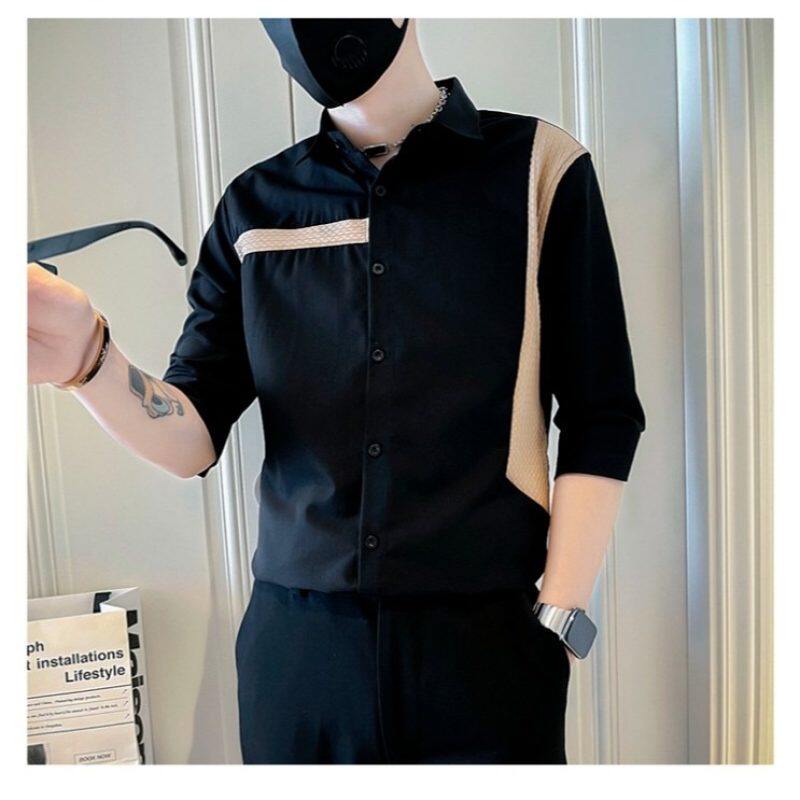 26春夏季新款翻领棉麻中袖衬衫男修身个性舒适百搭气质短袖衬衣男