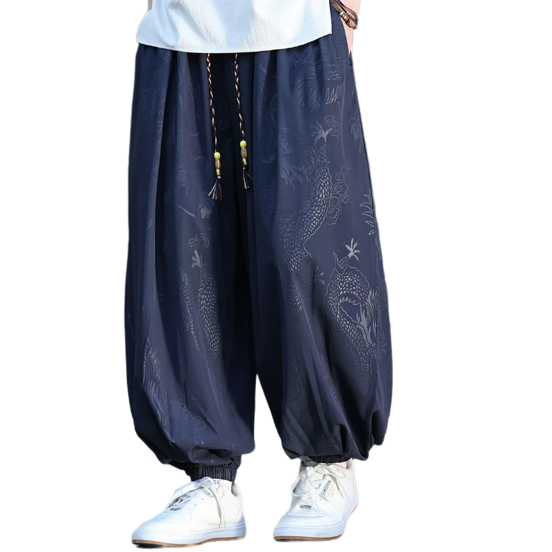 夏季冰丝灯笼裤男士中国风宽松提花设计休闲阔腿太极打坐裤束脚裤
