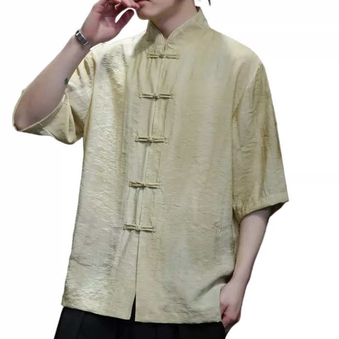 亚麻衬衫短袖男夏季新中式盘扣衬衣中国风唐装透气五分袖汉服上衣