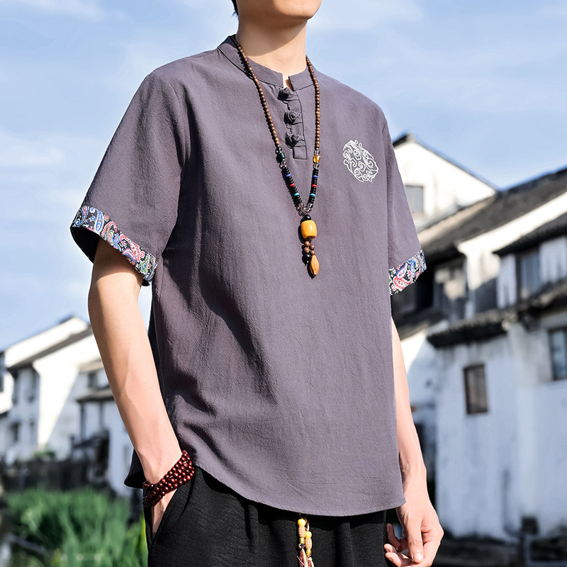 夏季中国风亚麻V领短袖T恤男宽松棉麻盘扣唐装汉服复古风禅意茶服