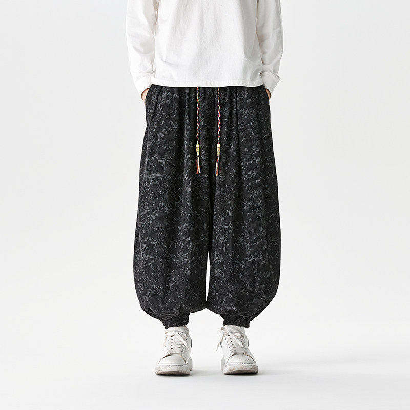 中国风灯芯绒男裤子秋冬宽松大码阔腿裤复古灯笼裤男士休闲哈伦裤