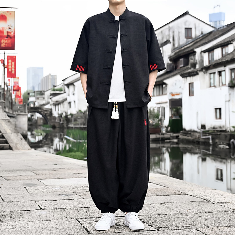 夏季薄款唐装男长裤套装中国风复古汉服衬衫刺绣中式休闲亚麻套装