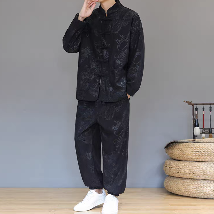 中国风男装龙青年唐装上衣复古中山装盘扣棉麻禅服演出服套装
