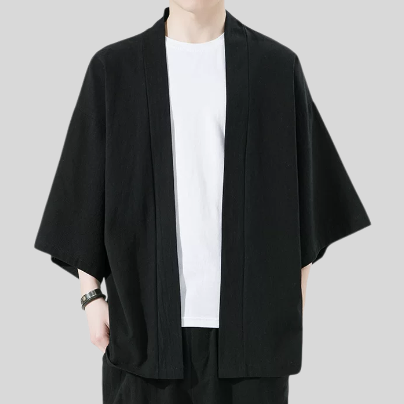薄款国风时尚夏棉麻披风开衫汉服道袍男和服七分袖宽松防晒服风衣