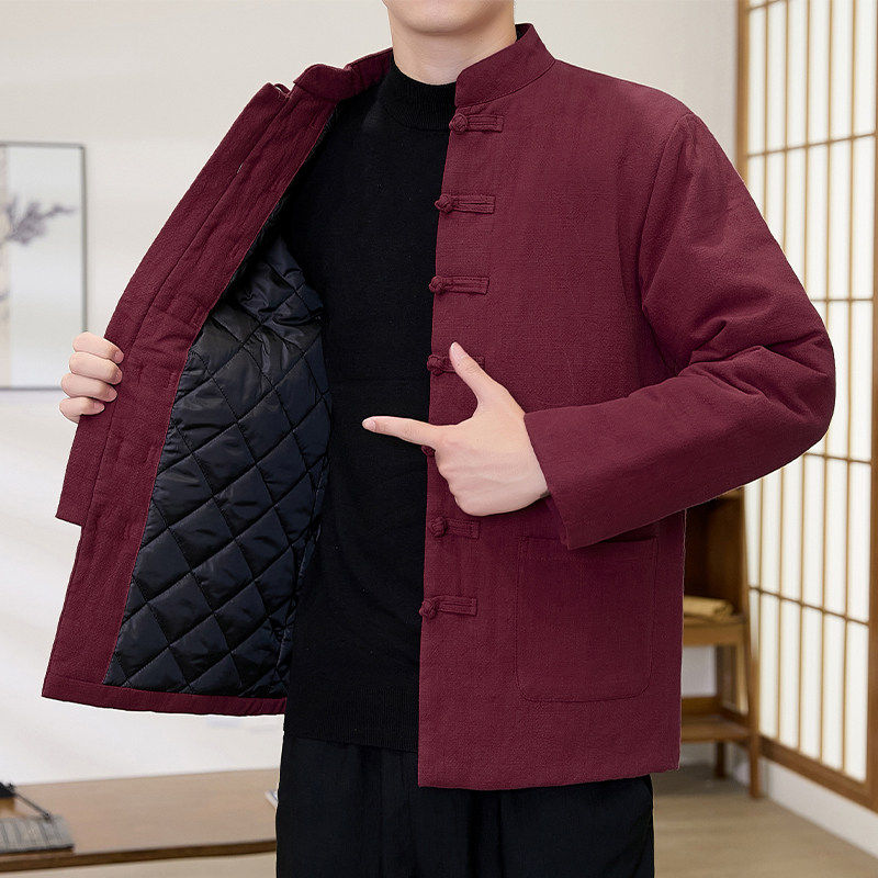加棉加厚亚麻中国风唐装男冬季复古盘扣保暖棉服外套时尚中式