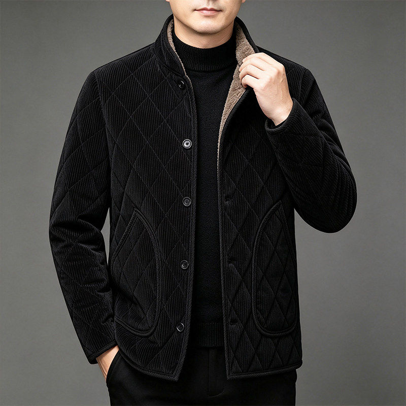 中国风冬季加绒棉服男中老年灯芯绒保暖棉袄纽扣开衫爸爸装棉衣宽