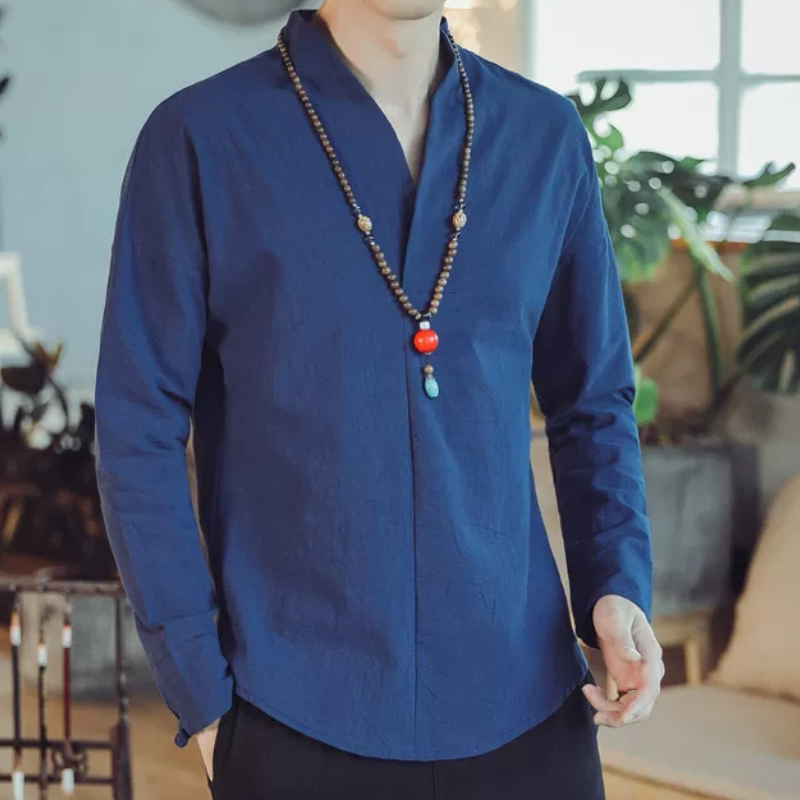 春秋季长袖衬衫男中国风休闲t恤复古盘扣中式唐装大码打底衫茶服