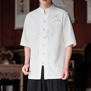 夏季新款新中式棉麻刺绣立领盘扣休闲时尚国风衬衫短袖上衣
