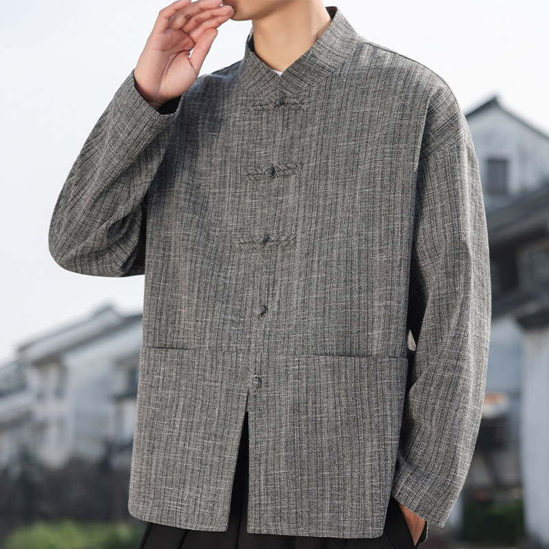 汉服男中国风春秋季提花长袖衬衫新中式唐装宽松大码盘扣外套潮