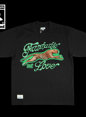 原创小众猎豹图案金属字母动物印花OVERSIZE宽松棉T恤黑