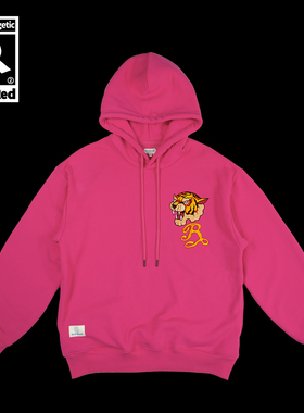 老虎字母图案刺绣宽松版型玫红色加绒连帽卫衣