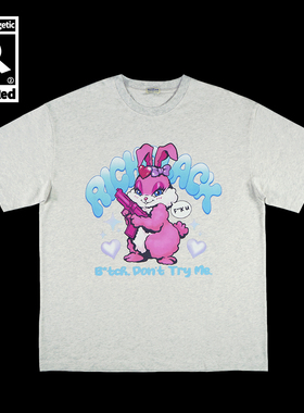 原创可爱兔兔卡通印花宽松版型浅花灰色短袖重磅T恤230G