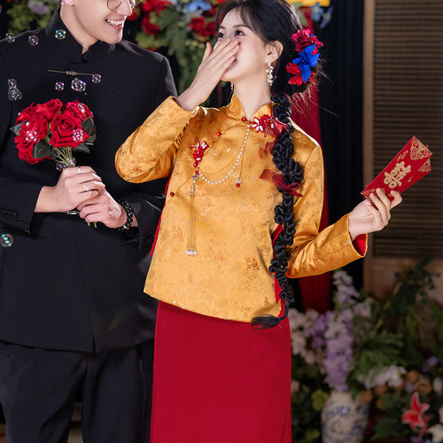 新中式旗袍敬酒服新娘长袖金色