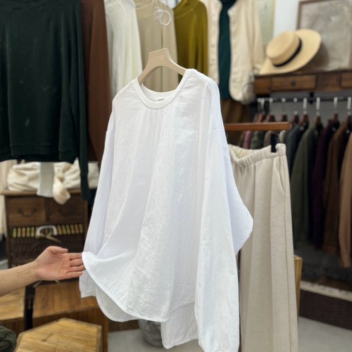 宽松韩版套头长袖纯棉布圆领衬衫