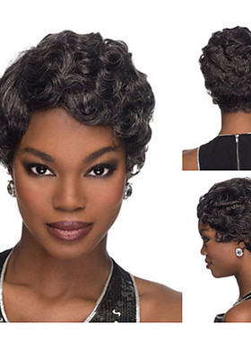 高档化纤 黑色混白色 短款波浪 斜刘海 短款 美国籍黑人假发 外贸