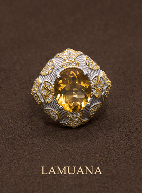 LAMUANA【轻奢彩宝】意式雕花天然黄水晶戒指高级S925银礼物98391