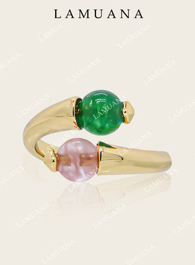 LAMUANA天然石双珠戒指小众设计感粉绿小球复古开口食指戒女58050