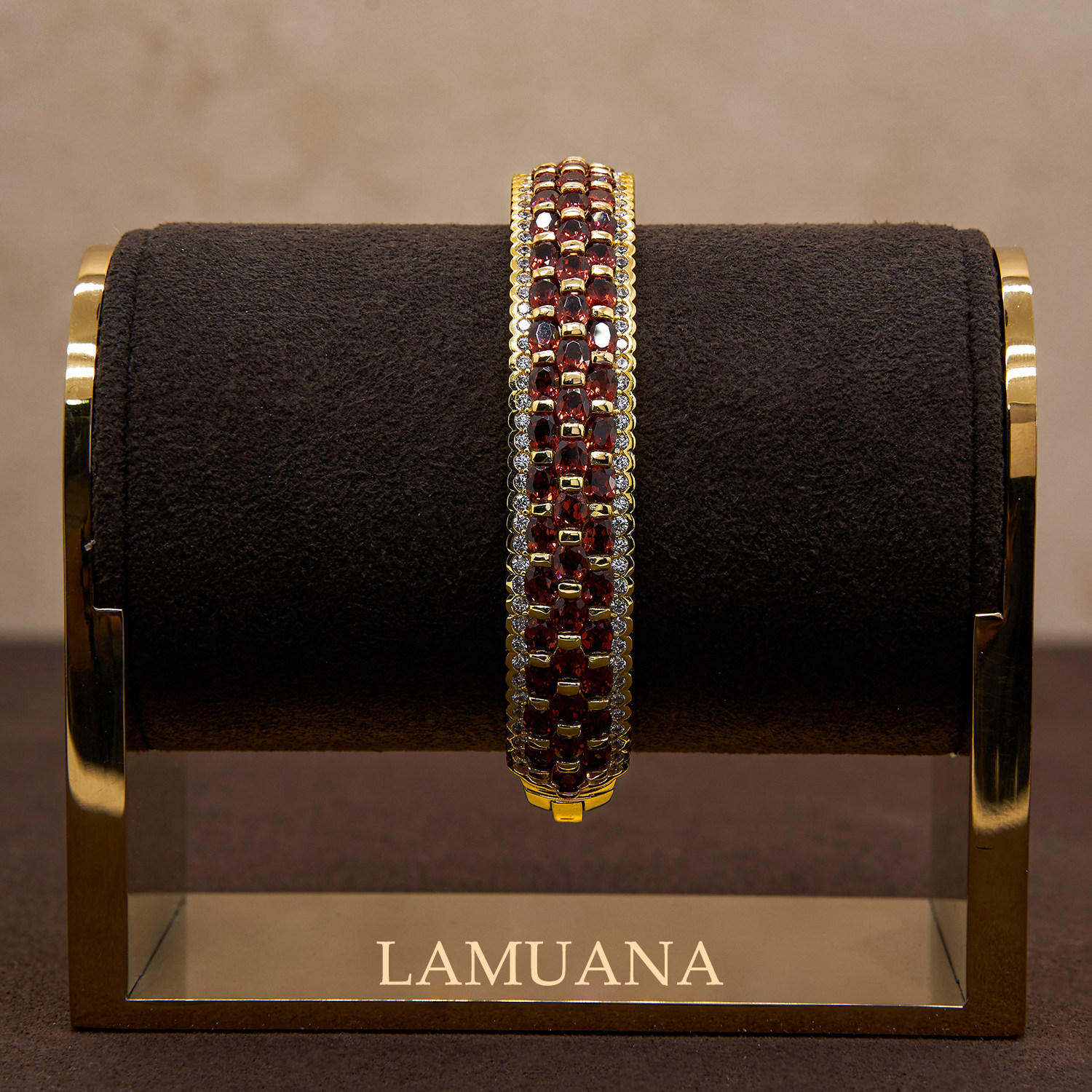 LAMUANA【轻奢彩宝】天然红石榴小排花手镯S925银厚度金手环95659