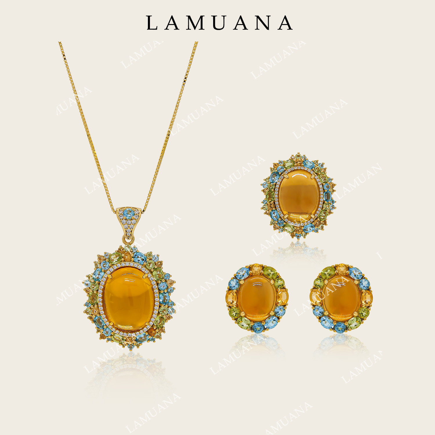 LAMUANA【天然彩宝】薄荷落日海天然黄水晶戒指稀有色蛋面大克拉
