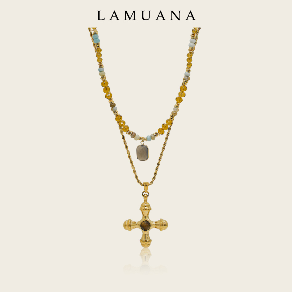 LAMUANA焦糖色复古十字架项链天然石小众设计虎眼石颈链叠戴新