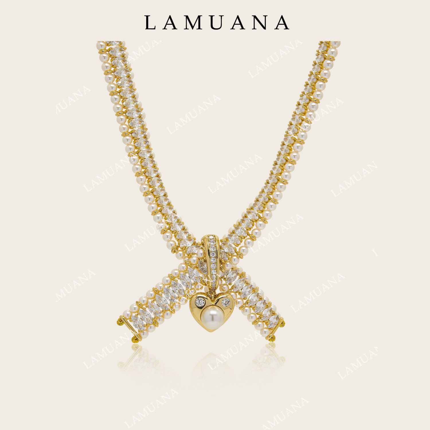 LAMUANA巴黎甜心蝴蝶结珍珠马眼钻复古夸张项链颈链礼物15760