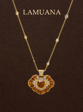 LAMUANA【天然彩宝】黄水晶如意锁项链双面设计金工雕S925银镀金