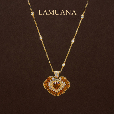 LAMUANA【天然彩宝】黄水晶如意锁项链双面设计金工雕S925银镀金