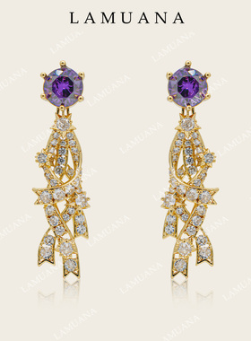 LAMUANA紫色流星耳钉小众设计满钻复古耳环星星金色耳饰高级84288